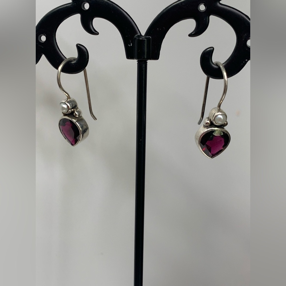 Silpada Vintage RARE Sterling Silver Garnet Heart & Pearl GET GLOWING Earrings